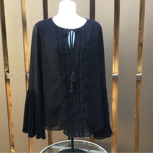 WHBM Black Long-Sleeve Blouse w/ Pleated Bell Sleeves, Tassel Tie